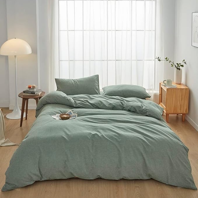 FACE TWO FACE Bedding Duvet Cover Set100% Washed Cotton Duvet Cover Linen Like Textured Breathable Durable Soft Comfy (Queen, Reversible Green)