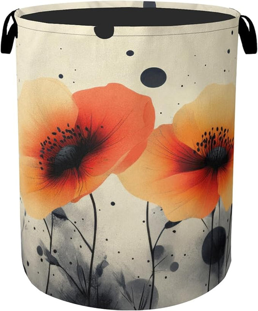 Orange Flowers Painting Laundry Basket - Heavy Duty 60L Dirty Clothes Organizer, Water Resistant Foldable Hamper for Men Women