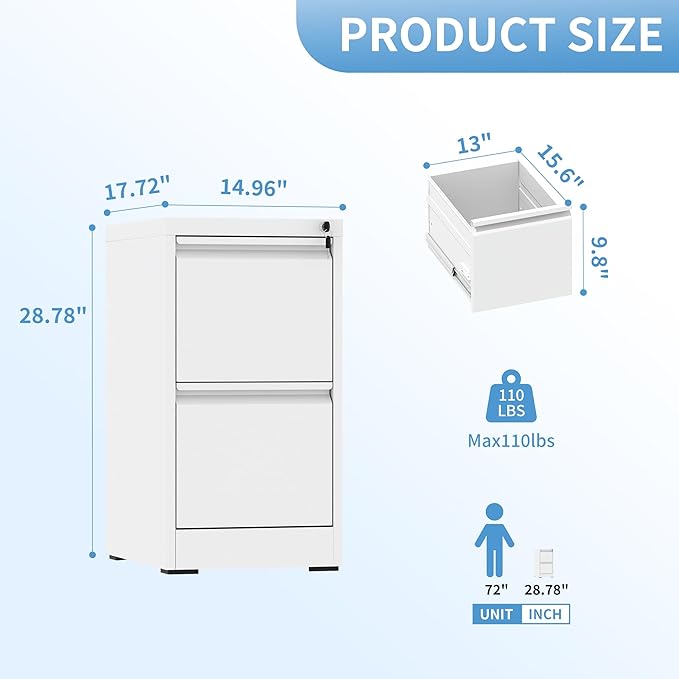 AQY File Cabinet with Lock, Metal Filing Cabinets for Home Office, 18" Deep Vertical Storage Drawer for Hanging A4/Letter/Legal Size Files, Assembly Require(White, 2 Drawers)
