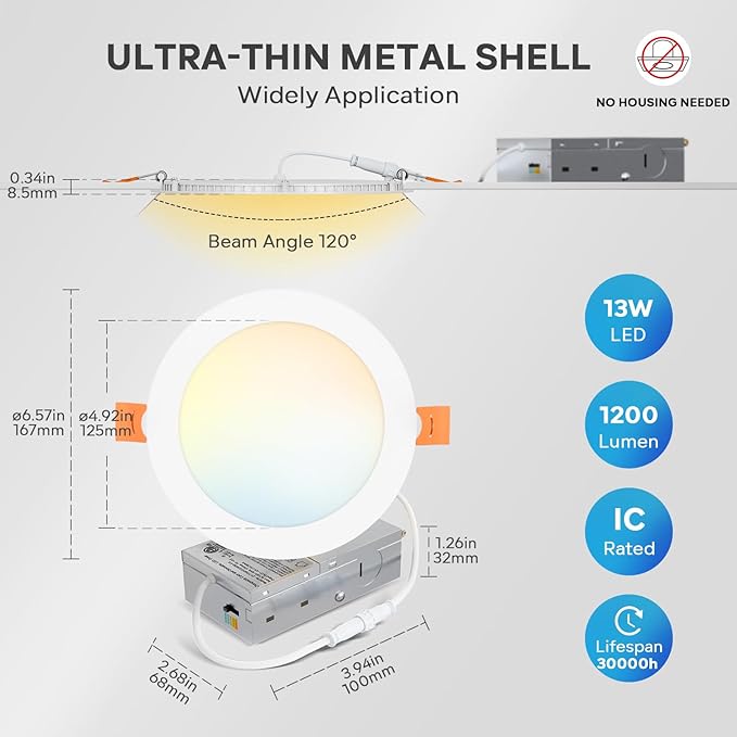 LVWIT 6 Pack 6 Inch LED Recessed Lighting with Junction Box, 5CCT Dimmable LED Downlight,13W Ultra-Thin Modern Ceiling Light, 2700/3000/3500/4000/5000K Selectable Can Lights, Smooth Trim