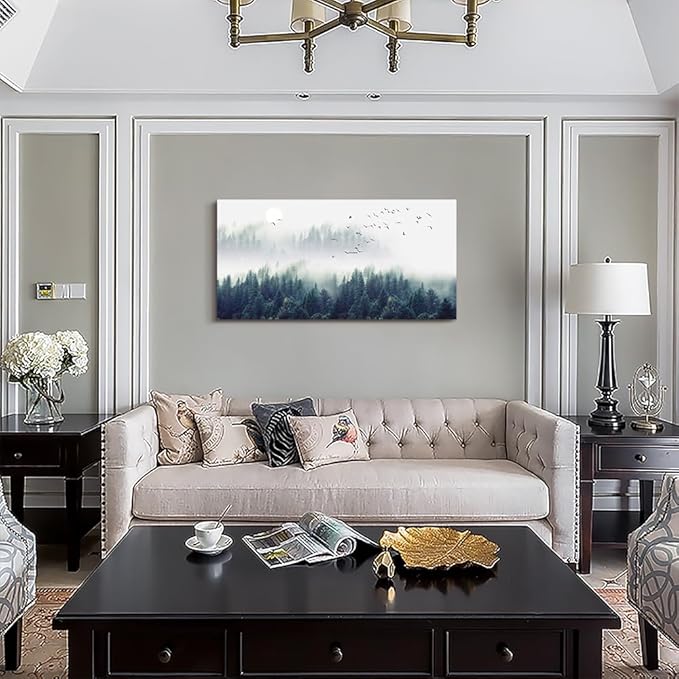 Landscape painting wall decor Canvas Wall Art for Living Room - Misty Forests of Evergreen Coniferous Trees in an Ethereal Landscape - Modern Home Decor Framed Ready to Hang bedroom decoration