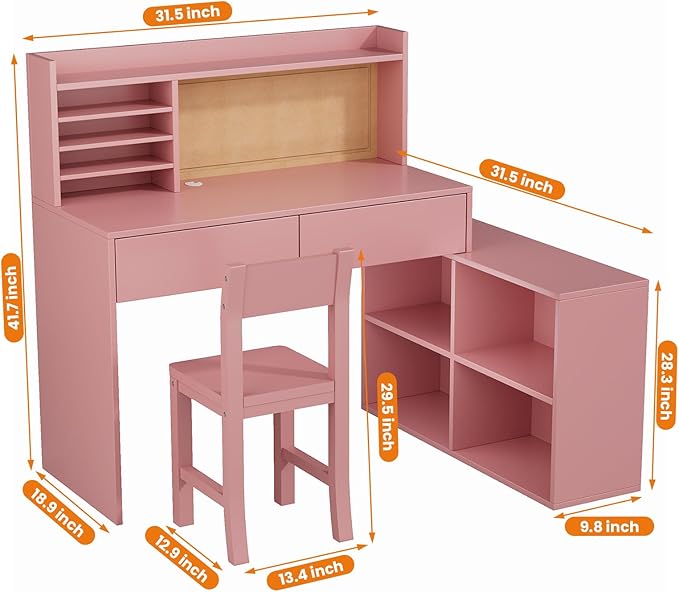 Pink Kids Desk and Chair Set, Kids Study Table and Chair Set with 2 Drawers & 4 Cabinets, Kids Study Desk with Removable Large Storage Cabinet,Girls Study Desk for Kid for Bedroom-vDkR36