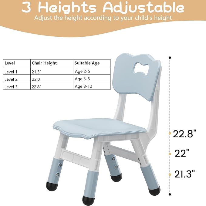 GAOMON Kids Chair, 3 Level Height Adjustable Kid Chair, Plastic Toddler Chairs for Children Boys Girls Age 2-6, Suitable for Home Family Classroom Nursery Indoor Use (2 Pack, Grayish Blue)