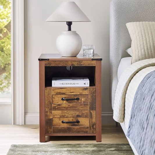 Farmhouse Nightstand with Charging Station & Drawers, Brown Wood Bedside Table, End Table with 2 Storage Drawers & USB Ports for Bedroom, Dorm，Brown