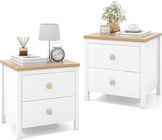 Giantex Night Stand Set of 2, Farmhouse Bedside Table with Cute Round Knobs, Wooden Floor End Table with Rubber Wood Legs, Small Space Kids Bedroom Side Table, White