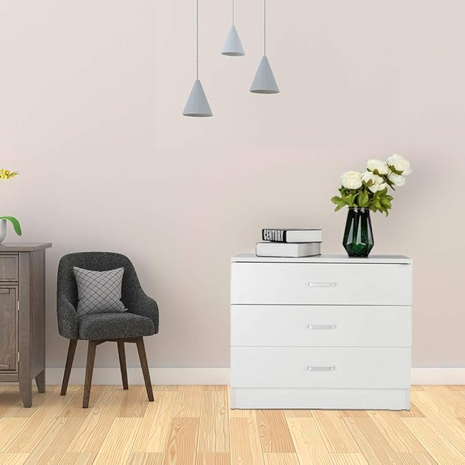 White Night Stand, Bedside Table/Nightstand with 3 Drawers, Compact Side Table for Bedroom, College Dorm & Living Room, Wooden End Table Bedroom