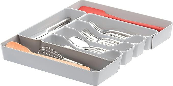 Spectrum HEXA 5-Divider Expandable Silverware Tray (Stone Gray) - In-Drawer Organizer for Kitchen Accessories, Cutlery, Knives, & More / Easy-to-Clean Home & Apartment Essential