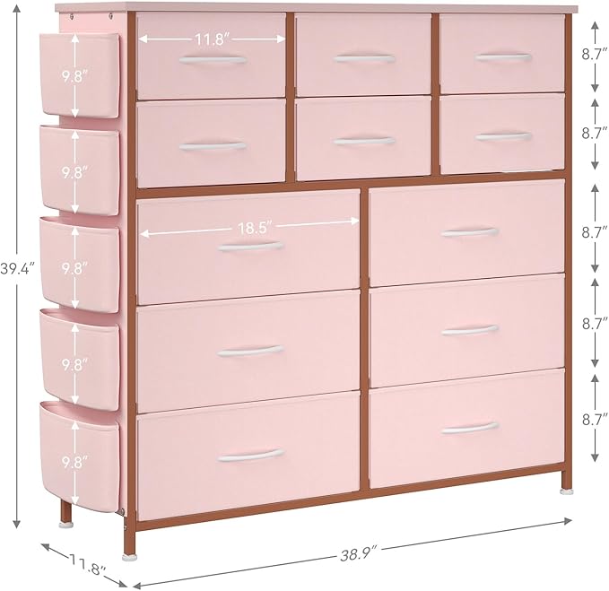 Dresser for Bedroom with 12 Drawers, Tall Dresser Chest of Drawers with 5 Side Pockets and Hooks, Wooden Top Fabric Dresser Storage Tower for Closet, Hallway, Living Room, Pink