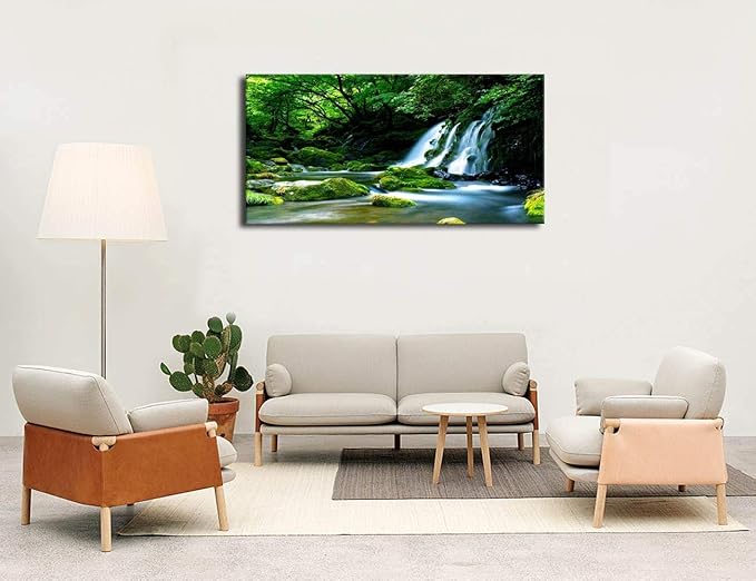 Waterfall Wall Art Large Living Room Decorations Landscape Canvas Art Nature Pictures Artwork Contemporary Wall Decor Green Trees Rivers Spring Tropic Forest for Kitchen Office Home Ready to Hang 20" x 40"
