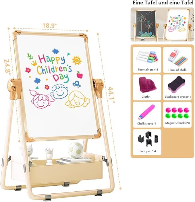 Adjustable Kids Drawing Easel with Magnetic Whiteboard&Chalkboard Double Sided Drawing Board Easy to Clean 360 ° Rotating, Ideal Christmas Gift for Children 36+ Months（44.1"*19"）