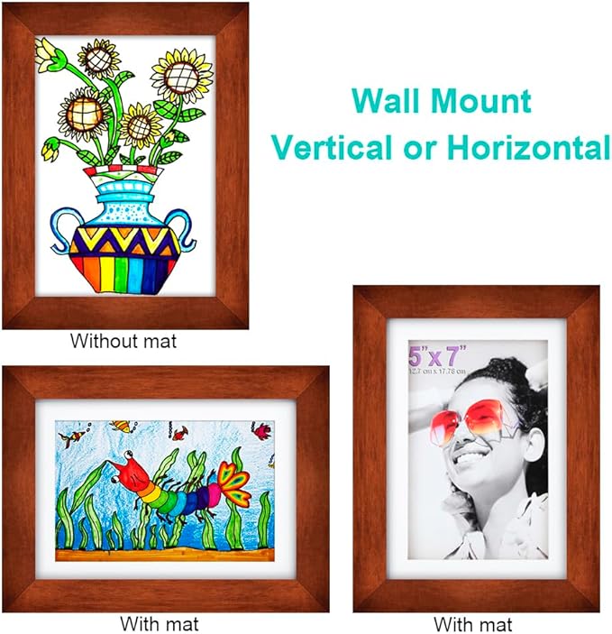 RPJC 5x7 inch Picture Frame Made of Solid Wood and High Definition Glass Display Pictures 4x6 with Mat or 5x7 Without Mat for Wall Mounting Photo Frame Brown