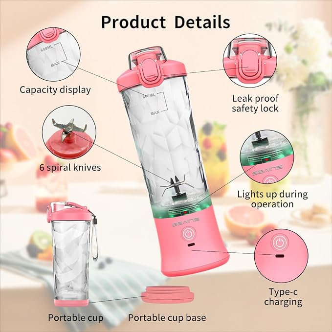Portable Blender, Personal Blender for Shakes and Smoothies with 20 Oz Travel Cup and Lid, Mini Personal Size Blender with 6 Blades and USB Rechargeable for Gym, Kitchen and Outdoors (Pink)