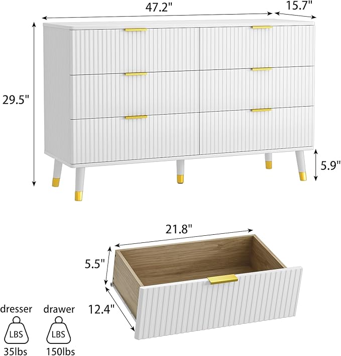 White Dresser for Bedroom, Fluted 6 Drawer Dresser with Gold Metal Handles, Modern Chest of Drawers for Living Room, Bedroom, White