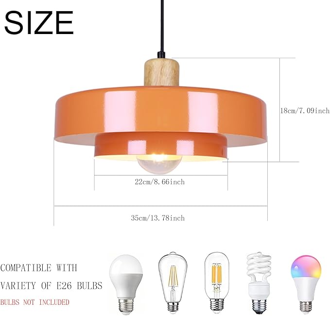 Pendant Light Vintage Light Fixtures, Metal Pendant Lights Kitchen Island, Modern Chandelier Pendant Shade Orange Light Fixture for Bedroom Hotel Dining Room Living Room Kitchen