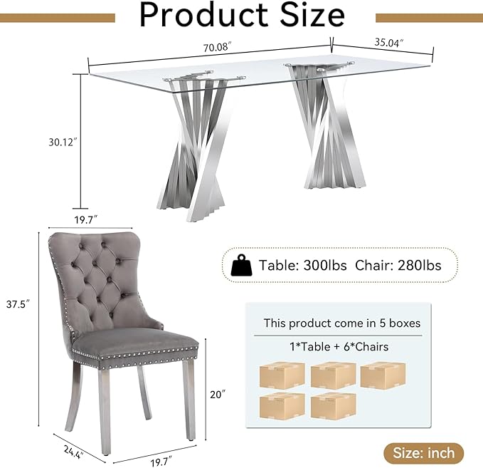 Goujxcy Modern 7 Piece Glass Dining Table Set Luxury Glass Kitchen Table and Chair Set for 6, 70" Large Rectangular Dining Room Table with 6 Tufted Chairs and Stainless Steel Legs (Silver & Grey)