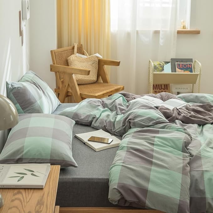 FACE TWO FACE Bedding Duvet Cover Set100% Washed Cotton Duvet Cover Linen Like Textured Breathable Durable Soft Comfy (Full, Light Green Grid)