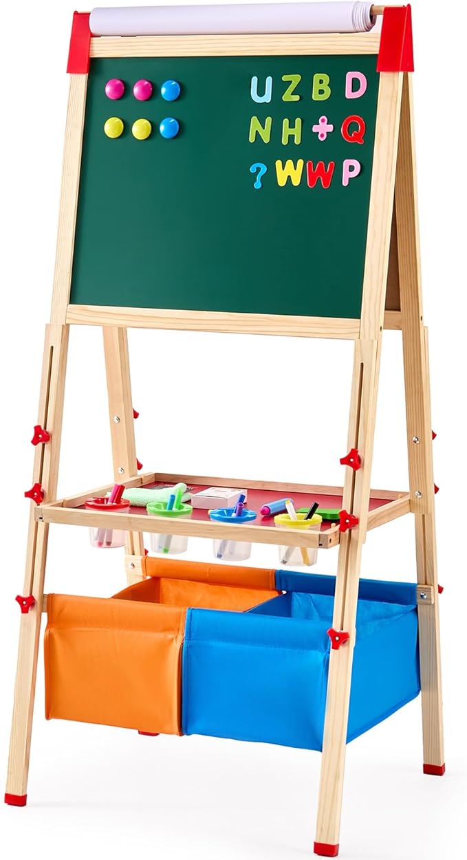 VEVOR Art Easel for Kids, 3-in-1 Wooden Double-Sided Kid's Art Easel with Magnetic Whiteboard, Chalkboard, Paper Roll, Adjustable Standing Drawing Board with Painting Accessories, Storage for Boy Girl