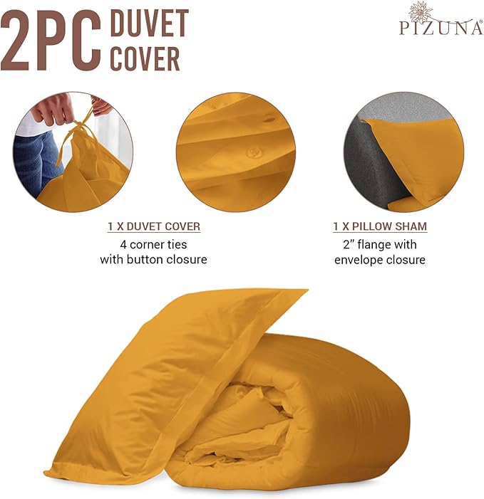 Pizuna Pure 100% Cotton Twin Duvet Cover Set, Luxurious 400 Thread Count Long Staple Cotton Sateen Weave with Button Closure (Combed Honey Gold Cotton Duvet Cover Twin)