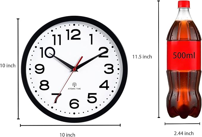 Atomic Wall Clock 10 Inch, Modern Clock Battery Operated Classic Analog Decorative for Kitchen, Living Room, Office, Bedroom, Bathroom (Black)