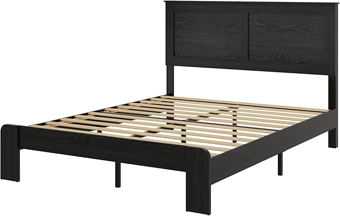 Wooden Bed Frame King Size with Headboard, Farmhouse Platform Bedframe with Wood Slat Support, Sturdy Framework Bed Frame, Easy Assembly (Rustic Black)