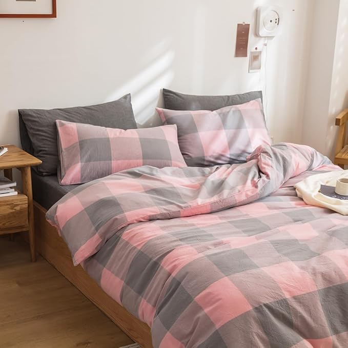 FACE TWO FACE Bedding Duvet Cover Set100% Washed Cotton Duvet Cover Linen Like Textured Breathable Durable Soft Comfy (California King, Grey Powder Grid)