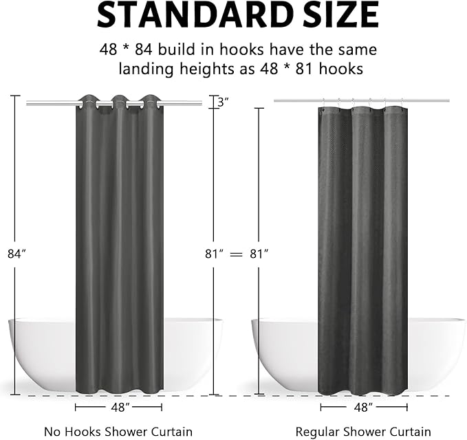 No Hook Stall Size Shower Curtain,48 x 84 Inch Small Half Narrow Shower Curtain Liner,Waterproof Fabric Bathroom Curtains with 6 Plastic Split Grommets,Hotel Grade Machine Washable,Dark Grey