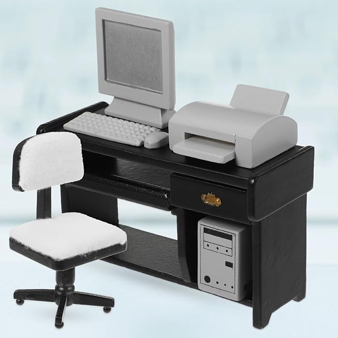 Toyvian Miniature Desk Office Furniture: 1 Set Dollhouse Mini Computer Desk and Tiny Chair Model Ornament for Crafts, Kids Doll House Decor