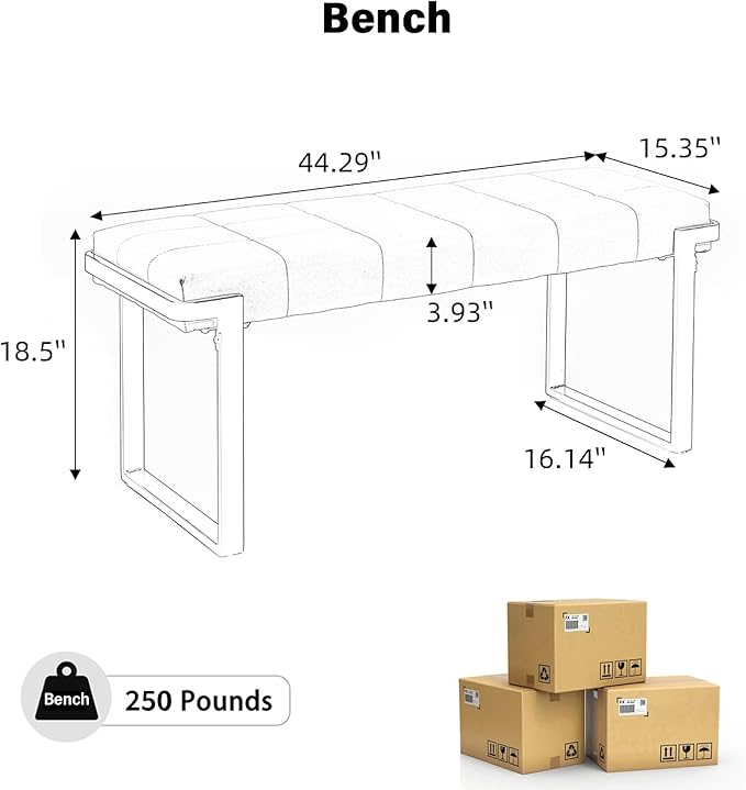 Upholstered Dining Bench, 44.29 Inch Leather Upholstered Bedroom Benches, Entryway Bench for Living Room Kitchen Dining Room(White&Silver)
