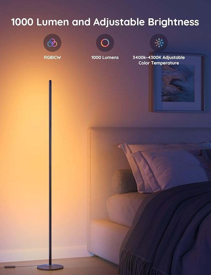 Govee RGBIC Floor Lamp Basic, LED Corner Lamp Works with Alexa, 1000 Lumen Smart Modern Floor Lamp with Music Sync and 16 Million DIY Colors, Color Changing Standing Lamp for Bedroom Living Room Black