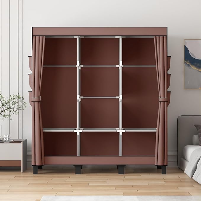 Portable Closet, Clothes Storage Box, Simple Wardrobe for Hanging Clothes, Multiple Shelves and 3 booms,6 Side Pockets (Grey) (Coffee, Large)