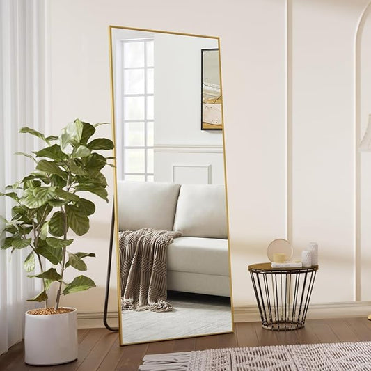 Koonmi Large Mirrors, 64"x21" Full Length Mirror with Stand, Full Body Mirror with Aluminum Alloy Frame, Hanging or Leaning Against Wall Floor Standing Mirrors for Bedroom Living Room, Gold