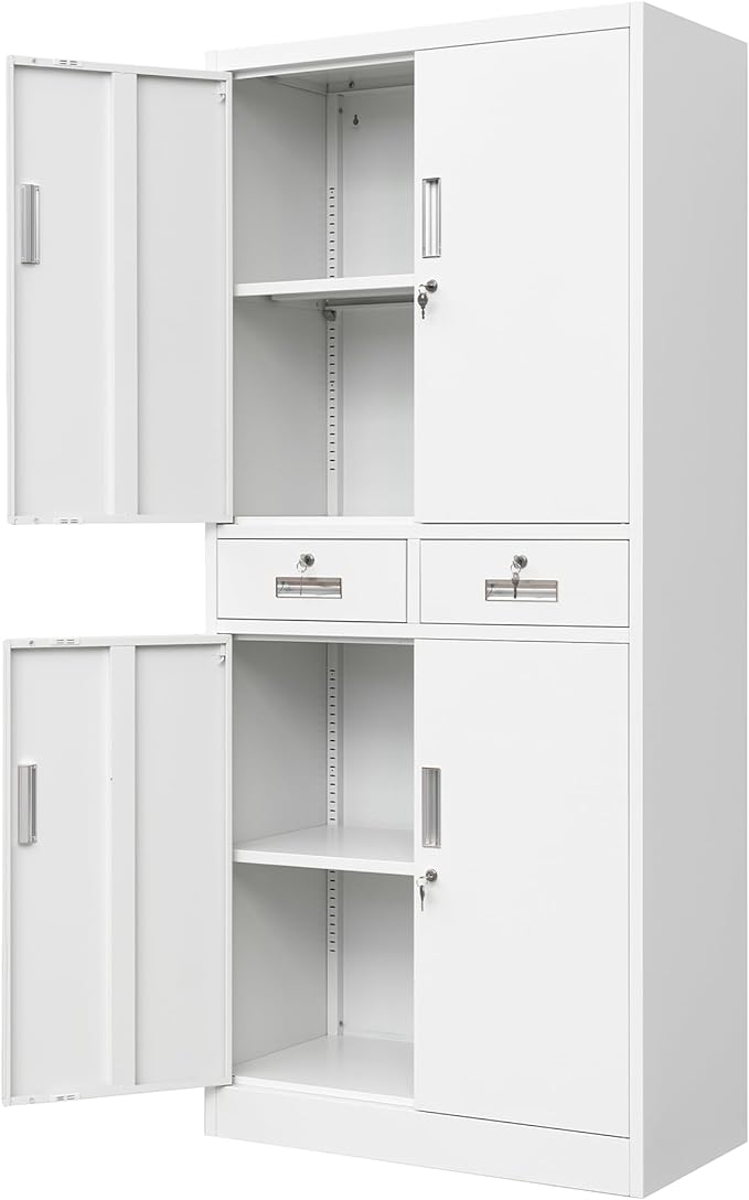 Metal Storage Cabinet, 71" H x 31.5" W x 15.8" D, Black, 4 Shelves, 2 Locking Drawers, Modern Style, Wall-Mounted, Home Office