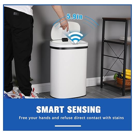 Kitchen Trash Can Office Bathroom Bedroom Waste Bin with Lid Automatic Sensor Touch Free Stainless Steel Garbage Can 13 Gallon / 50L,White