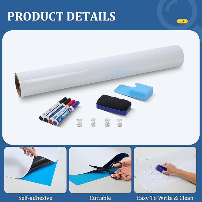 Magnetic Dry Erase whiteboard Paper with self Adhesive Backing Adhesive, 48“ x 36”, Easy to Write and Clean, for Kids Home playroom Office, Peel and Stick Wallpaper.