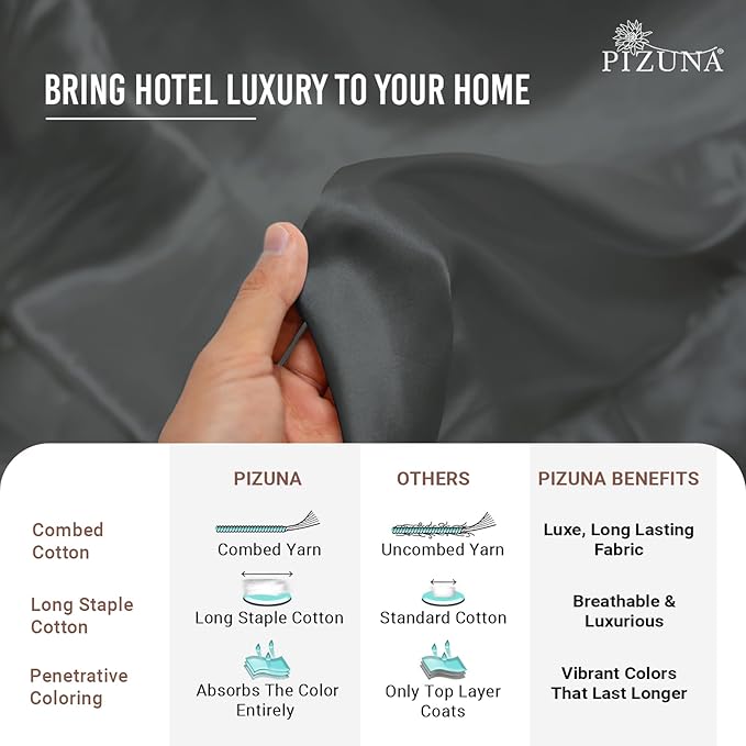 Pizuna 100% Cotton Twin 2 Pc Duvet Cover + 1 Pc Fitted Sheet Set 400 Thread Count Dark Grey Sateen Weave Luxurious Long Staple Cotton 4 Piece Bedding Set -1 Duvet Cover, 1 Pillow Sham, 1 Fitted Sheet