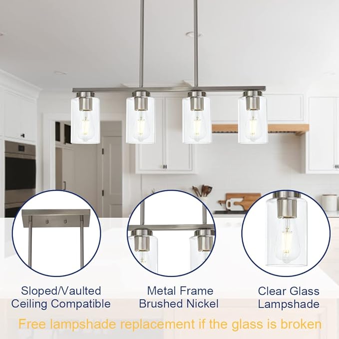 Modern Kitchen Island Light with Clear Glass Shades, 4-Lights Hanging Lighting Fixtures in Brushed Nickel for Dining Room