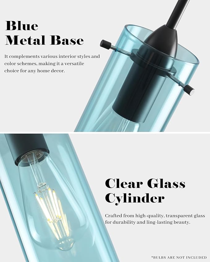 Blue Pendant Lights Kitchen Island 3 Packs, Blown Glass Pendant Light, Modern Glass Kitchen Pendant Light, Hanging Pendant Lights, Island Pendant Lights for Kitchen, Dining Living Bathroom