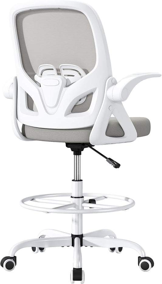 Tall Drafting Chair with Lumbar Support and Footrest Ring, Supportive Tall Extended Height Ergonomic Desk Chair for Home Work, Breathable Mesh Office Chair with Flip up Arms(Gray)