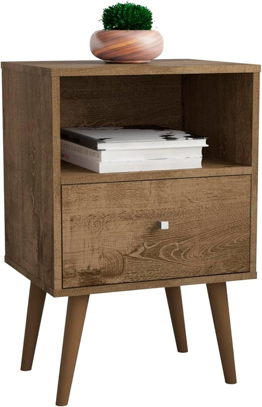 Manhattan Comfort Liberty Mid Century Modern Nightstand with Drawer and Cubby, Bedside Table for Bedroom and Living Room, Night Stand Accent Decor, Easy Assembly, Rustic Brown