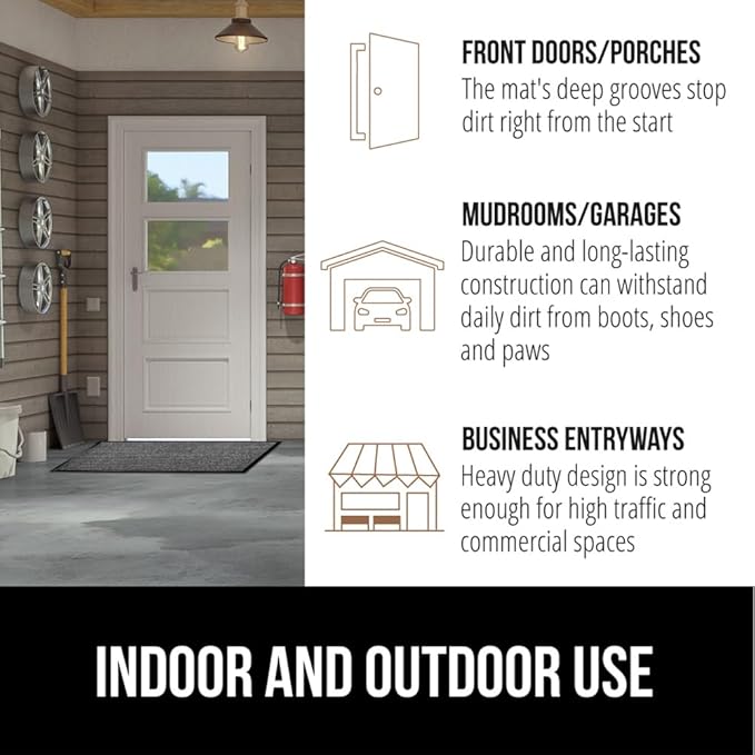 GORILLA GRIP Traffic Guard Door Mat, Heavy Duty Welcome Mats, Commercial Office Space Doormat, Waterproof, Fade Resistant, Strong Rubber Backing, Low Profile, Shoe and Boot Scraper, 29x17, Light Gray