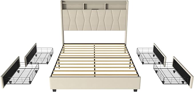 King Size Bed Frame, Velvet Upholstered LED Platform Bed with Headboard Storage, Bed Frame King Built-in Charging Station with 4 Drawers, Wood Slat Support, No Box Spring Needed, Beige