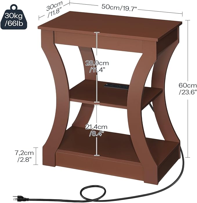 End Table with Charging Station, Set of 2, Side Table with USB Ports and Outlets, 3 Tier Nightstand with Storage Shelf for Small Spaces, Living Room, Bedroom, Cherry ETWA53E01S2