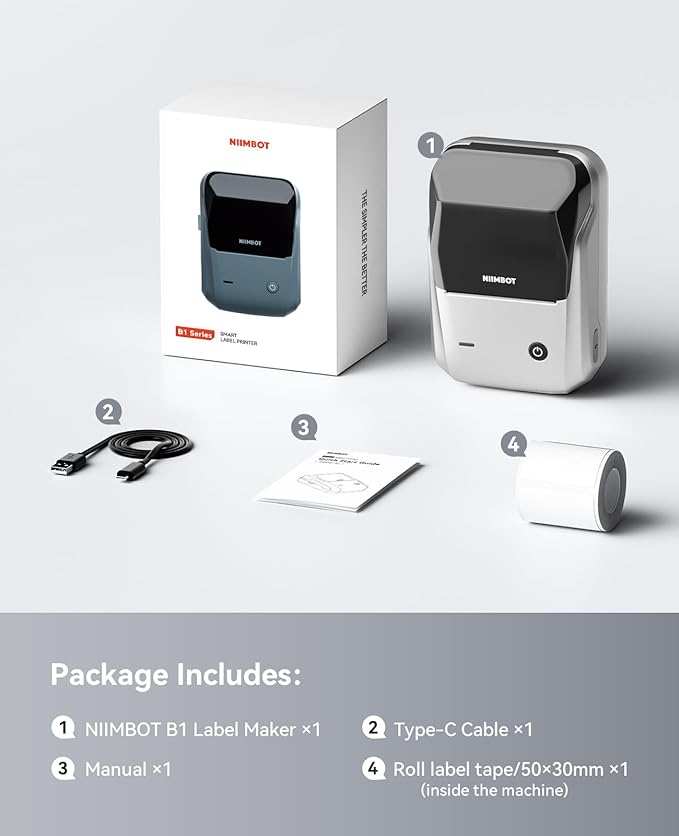 NIIMBOT B1 Label Maker, Portable Bluetooth Thermal Label Printer with Large Waterproof Tape and Multiple Templates for Kitchen, Home, School, Small Business,2 Inch (Silver, 1 Printer+1 Roll Label)