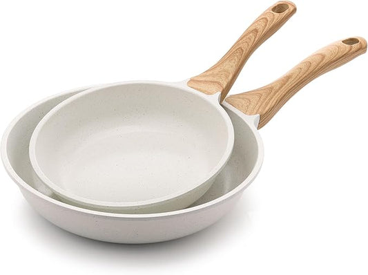 SENSARTE Nonstick Frying Pan Skillets, White Ceramic Coating Omelette Pans, Healthy Cookware Chef's Pan, Free of Intentionally Added PTFE & PFAS (8+10 Inch)