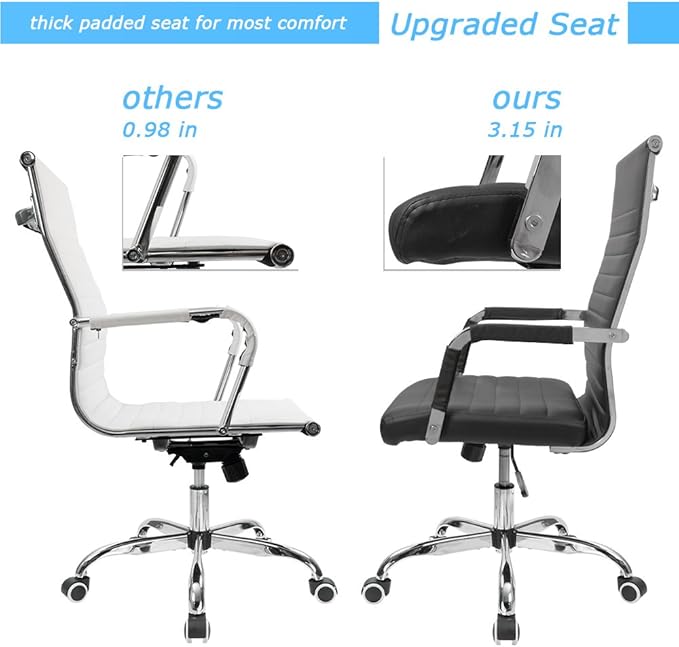Furmax Ribbed Office Desk Chair Mid-Back PU Leather Executive Conference Task Chair Adjustable Swivel Chair with Arms (Black)
