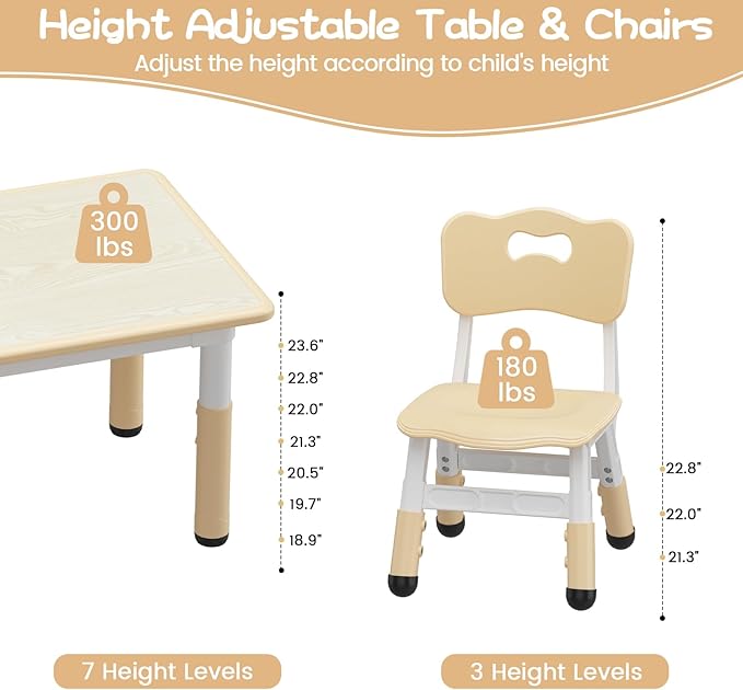 GAOMON Kids Table and 6 Chairs Set, Height Adjustable Toddler Table and Chairs Set for Ages 2-10, Graffiti Desktop, Non-Slip Legs, Children Activity Table for Daycare Classroom Home