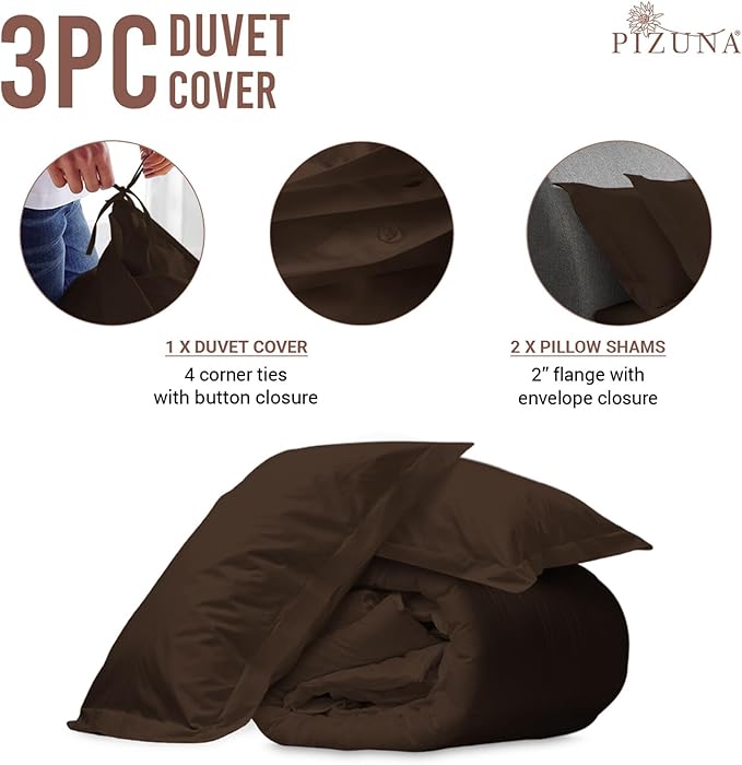 Pizuna Pure 100% Cotton Queen Duvet Cover Set, Luxurious 400 Thread Count Long Staple Cotton Sateen Weave with Button Closure (Combed Dark Brown Cotton Duvet Cover Queen)