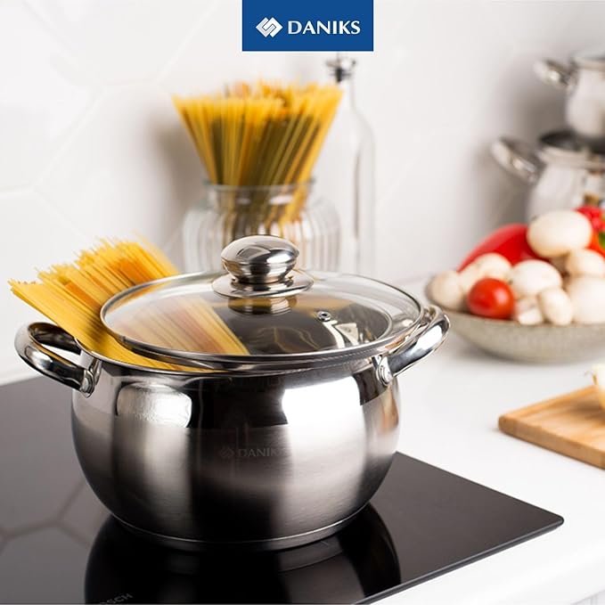 Daniks Classic Frying Pan Included, 11-Piece Stainless Steel Induction Cookware Set, Dishwasher Safe Pots and Saucepan, Glass Lids, Measuring Scale, For Soup, Pasta, Stew, Silver
