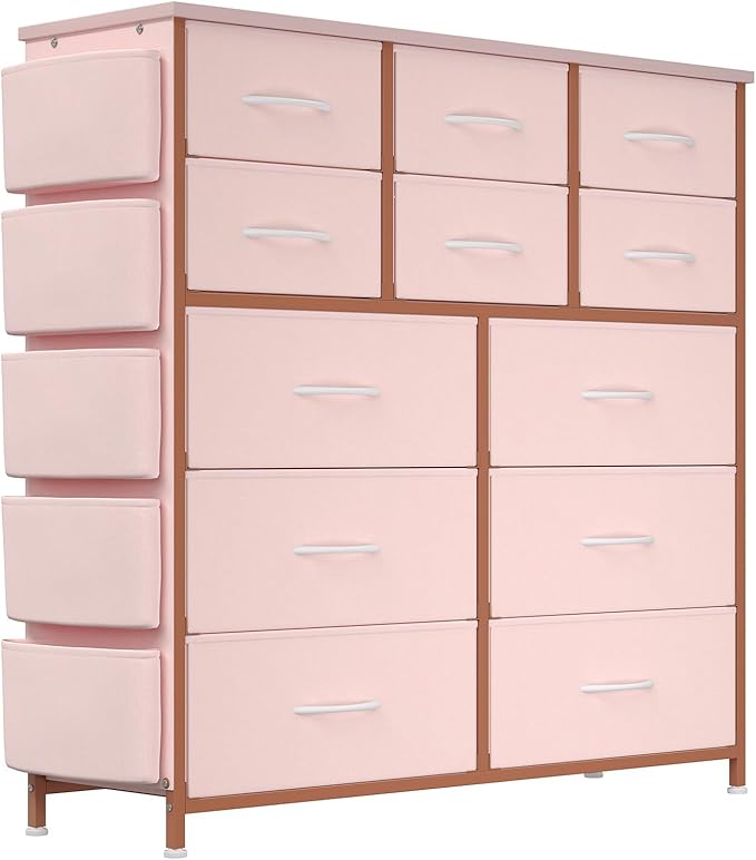 Dresser for Bedroom with 12 Drawers, Tall Dresser Chest of Drawers with 5 Side Pockets and Hooks, Wooden Top Fabric Dresser Storage Tower for Closet, Hallway, Living Room, Pink