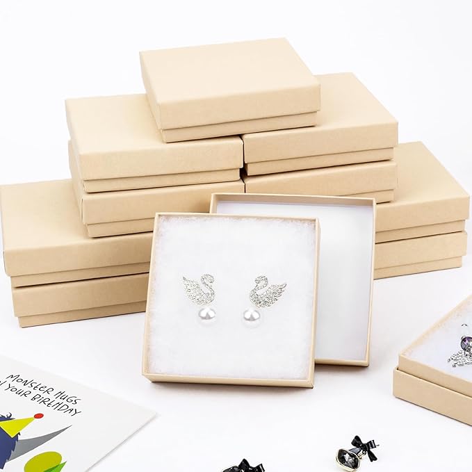 Cardboard Jewelry Gift Boxes, 80 Pack 3.5x3.5x1 Inch, Bulk Cotton Filled Small Jewelry Boxes with Lids for Necklace Ring Bracelet Earring Display Box (Brown)